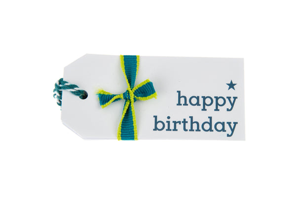 6 White Happy Birthday Gift Tags Printed in Teal