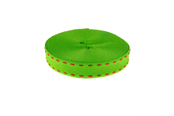 10m Roll Lime Green Ribbon with Red Stitching