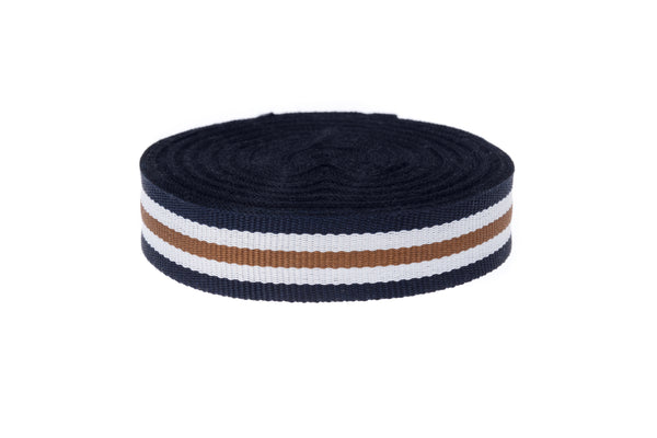 10m x 15mm Navy Ribbon with white and brown stripe