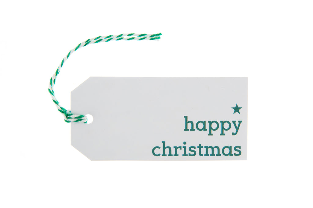 6 White Happy Christmas Gift Tags Printed in Green