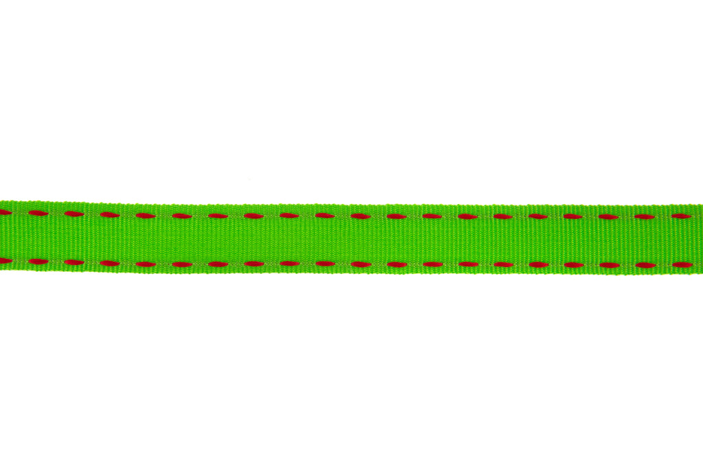 10m Roll Lime Green Ribbon with Red Stitching