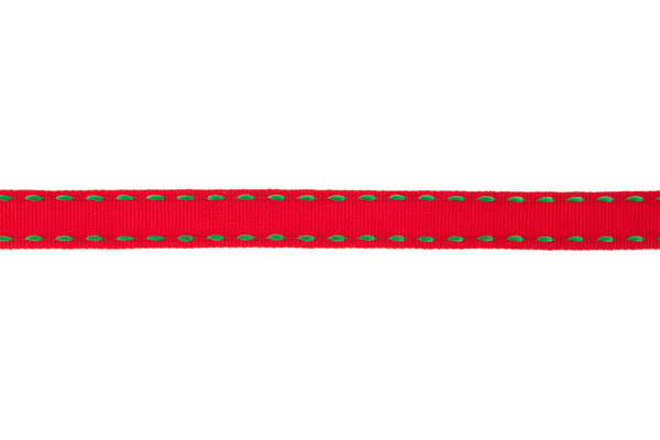 10m Roll Red Ribbon with Mint Green Stitching