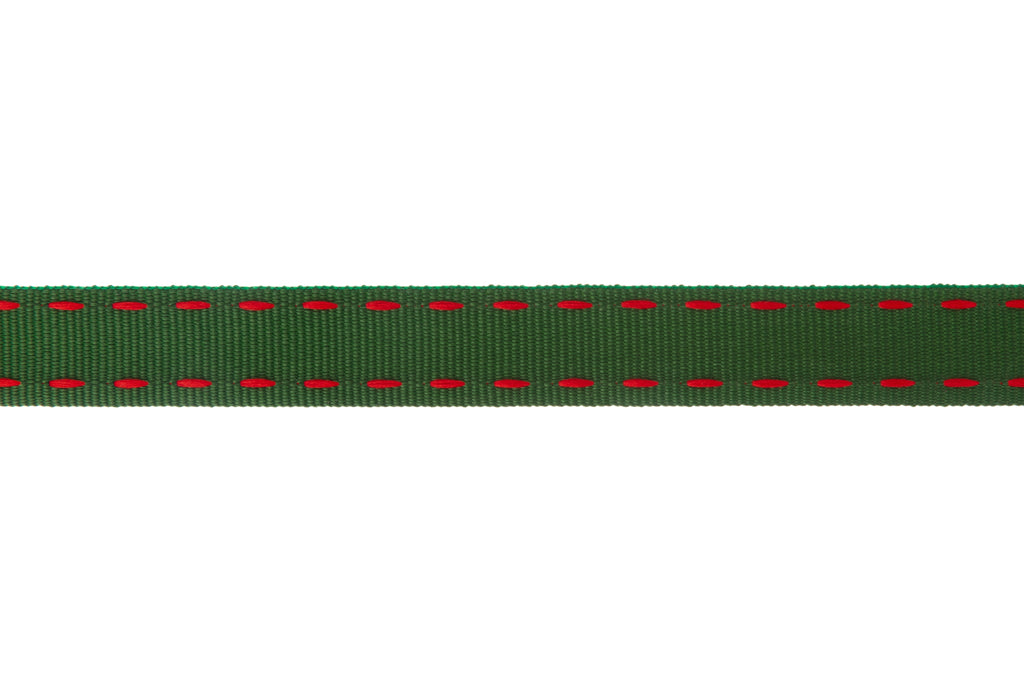 10m x 15mm wide roll Forest Green Ribbon with Red Stitching