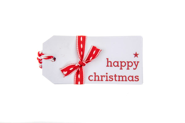 6 White Happy Christmas Gift Tags printed in Red